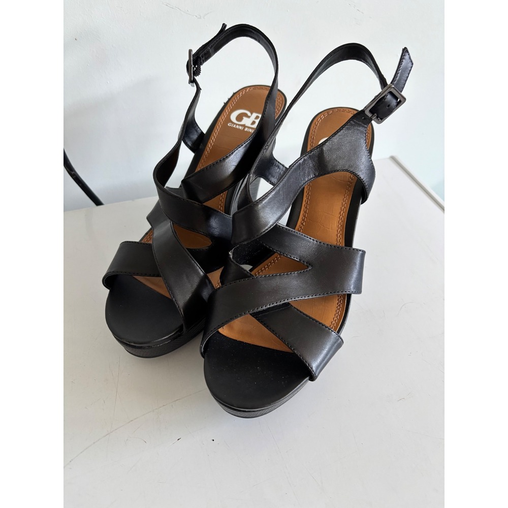 Gianni Bini Womens Black Leather Strappy Platform Wedge Sandals Size 10M